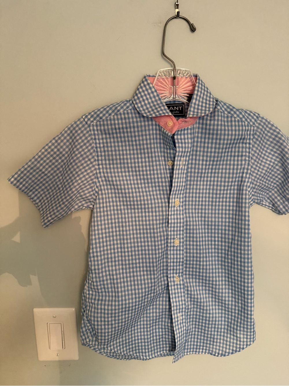 Gant Blue and White Gingham Short Sleeve Shirt with Pink Collar Trim Sz 7